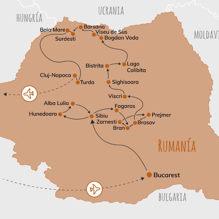 Mapa del viaje por Transilvania y los Cárpatos en Rumanía