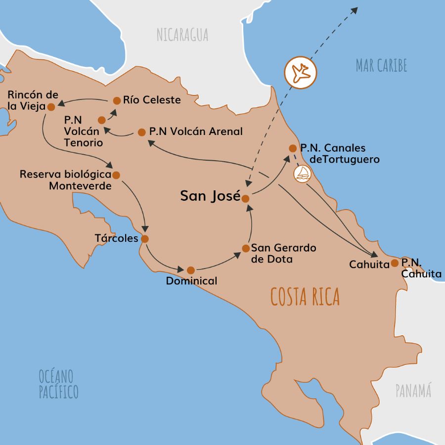 Mapa del itinerario por Costa Rica