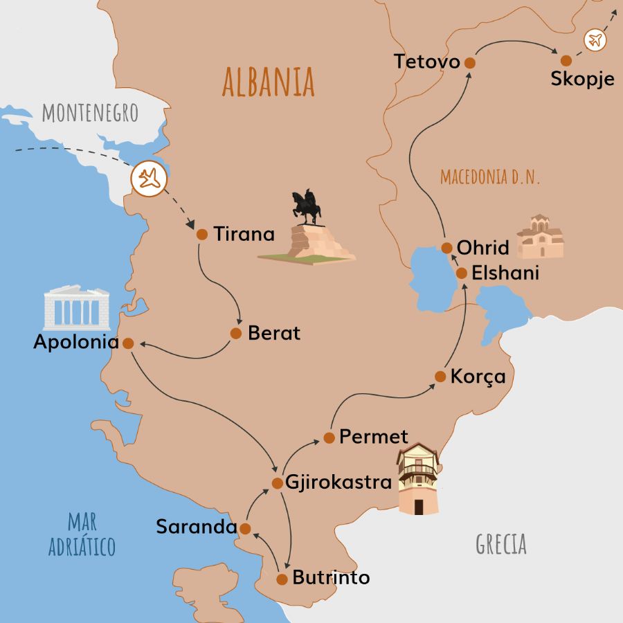 Mapa del itinerario por Albania y Macedonia