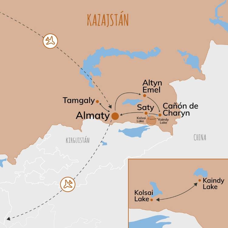 Viatge al Kazakhstan Mapa de l'itinerari per Kazakhstan